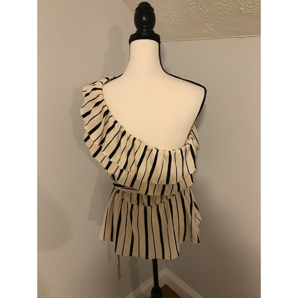 ANTHROPOLOGIE MAEVE RITA One Shoulder Black/Cream Peplum Ruffle Top - Size Large - Picture 4 of 11